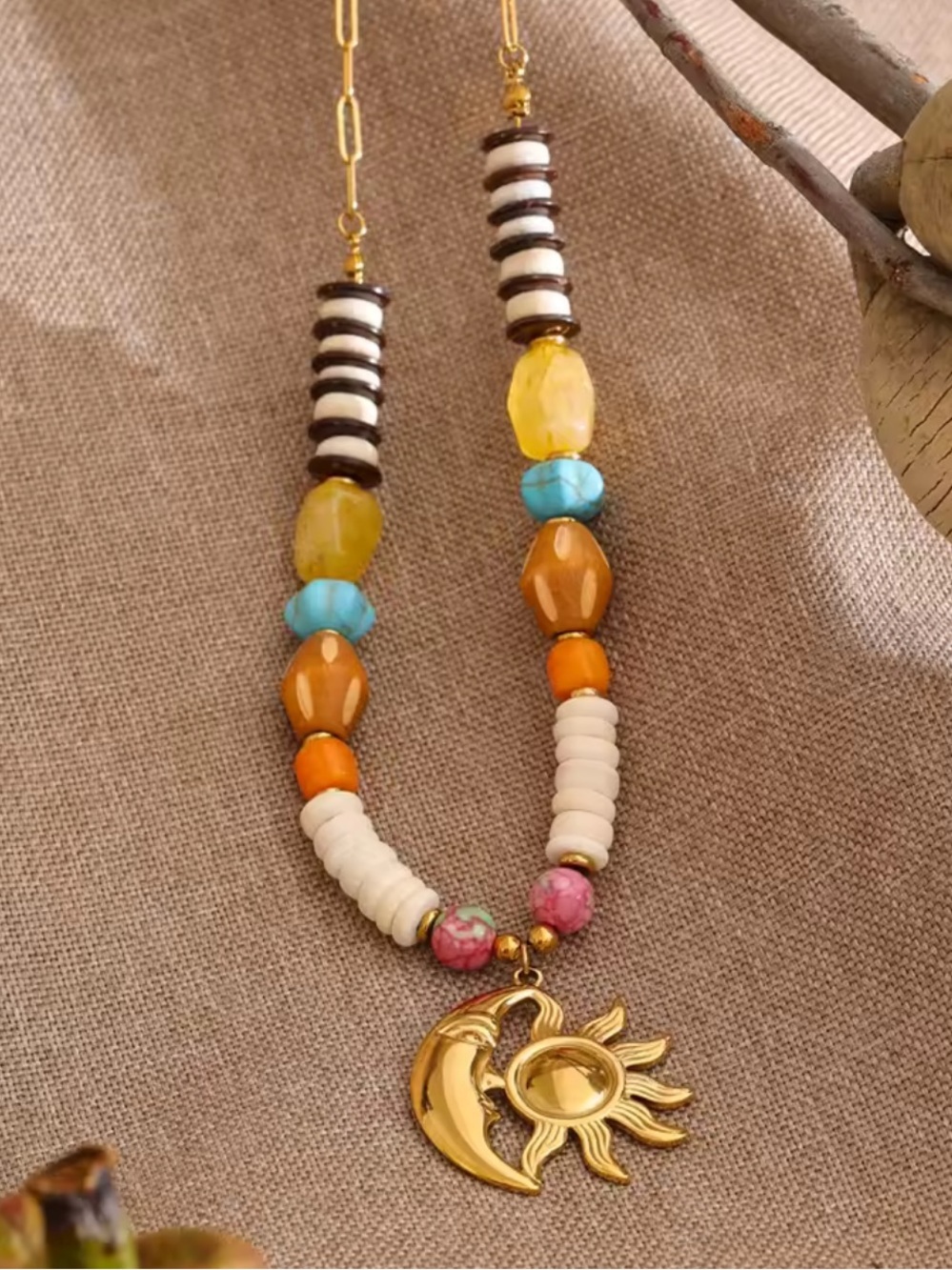 Celestial Sun Moon Gold Beaded Necklace - Picture 9 of 17